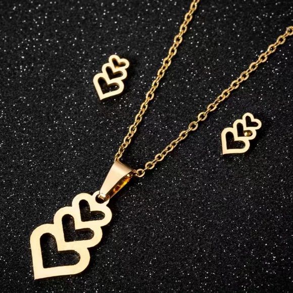 Dainty Gold Heart Earrings and Necklace Jewelry Set Minimalist 2 Pc Stud - Picture 1 of 5